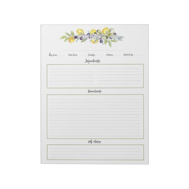 Herbs Lemons Botanical Recipe Organizer Pages Notepad (Rotated)