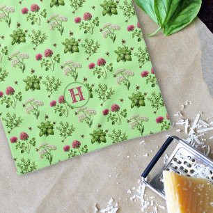 Herbs n Bees Pink Green Monogram Initial Kitchen Towel