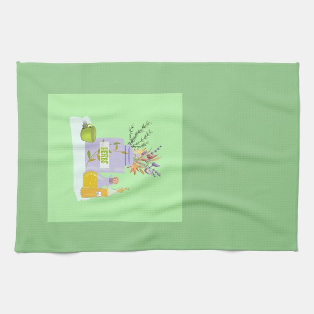 Herbs Towel Green with Oils & Flowers (Horizontal)
