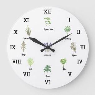 Herbs Watercolor Kitchen Garden Green Spices Thyme Large Clock