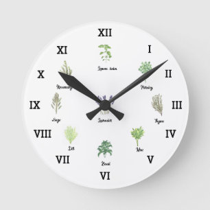 Herbs Watercolor Kitchen Garden Green Spices Thyme Round Clock