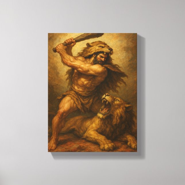 Hercules Battling Lion Wearing Nemean Pelt Canvas Print (Front)
