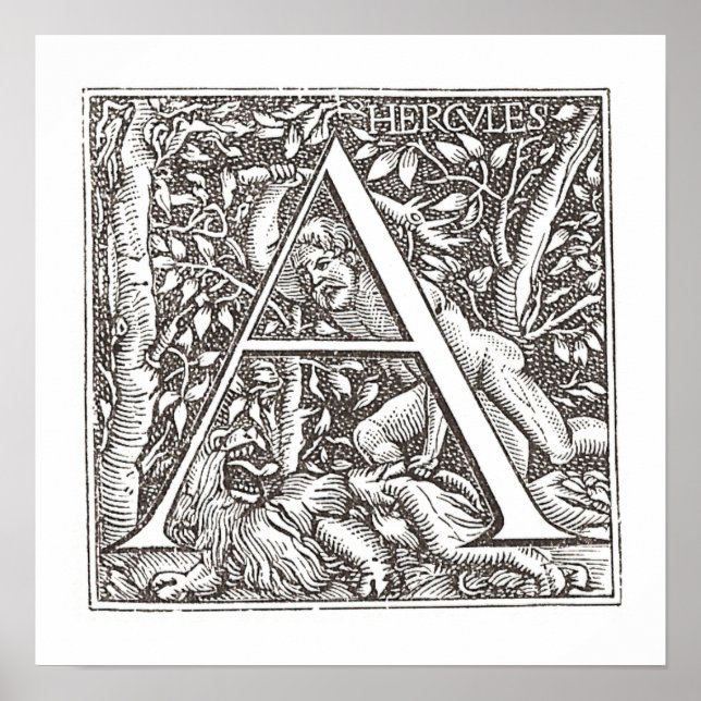 Hercules Slaying the Lion with Letter A Monogram Poster (Front)
