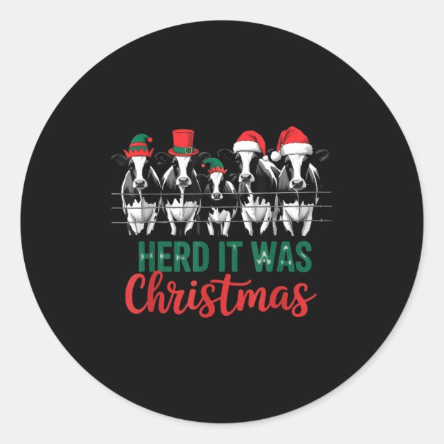 Herd It Was Christmas Cute Festive Cows Xmas Holid Classic Round Sticker (Front)