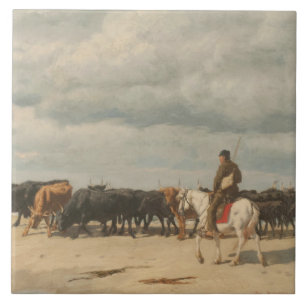 Herd of Cattle Beside the Sea (by Eugène Burnand) Tile