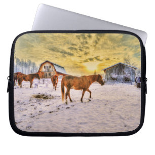 Herd of Horses Chestnut at Sunrise Equine Photo Laptop Sleeve