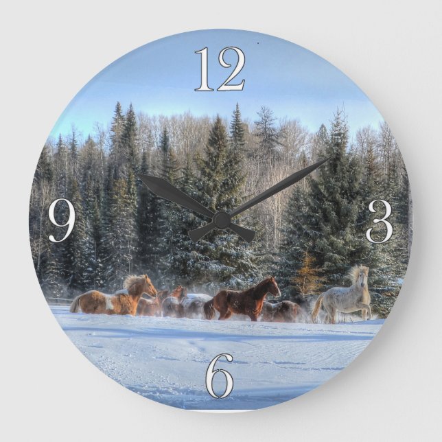 Herd of Horses Running in First Winter Snow Large Clock (Front)