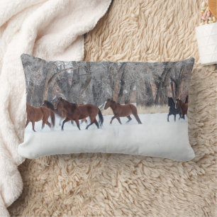 Herd of Horses Running in Winters Snow Lumbar Pillow