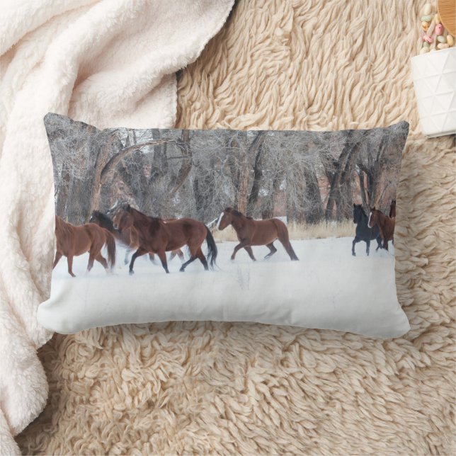 Herd of Horses Running in Winters Snow Lumbar Pillow (Blanket)