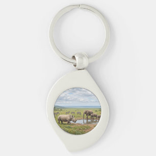 Herd Of Rhinos In African Savanna Photo Enlargemen Keychain