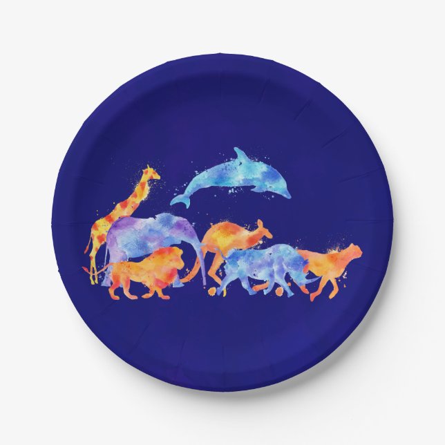 Herd of Wild Animals On Purplish Blue Background Paper Plate (Front)