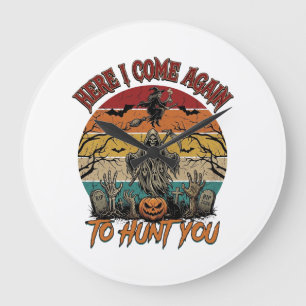 Here Come Again Grim Reaper Halloween Pumpkin_1 Large Clock