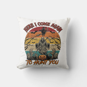 Here Come Again Grim Reaper Halloween Pumpkin_1 Throw Pillow