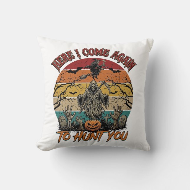 Here Come Again Grim Reaper Halloween Pumpkin_1 Throw Pillow (Front)