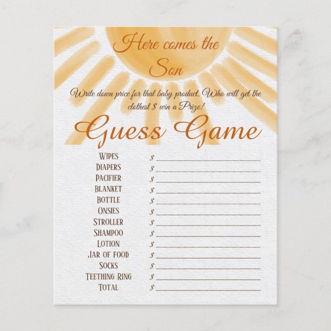 Here Come Sunshine Baby Shower Guess Game Activity (Front)