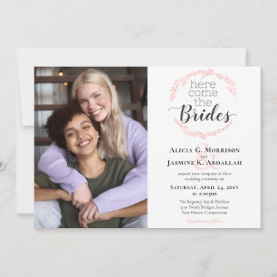 Here Come The Brides Modern Blush Pink Wedding Invitation