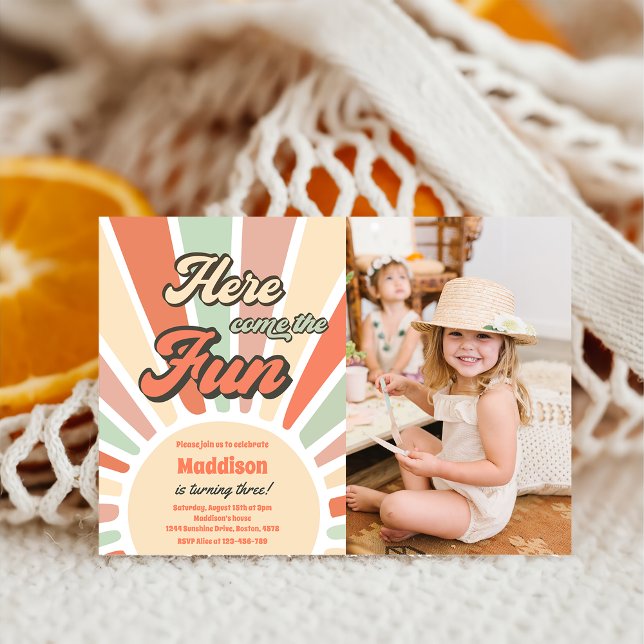 Here Come The Fun Sunshine 3rd Birthday Photo  Invitation (Creator Uploaded)