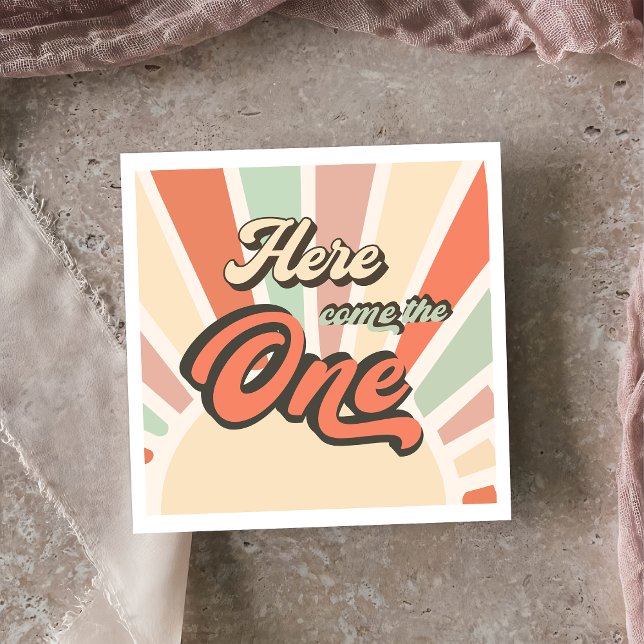 Here Come The One Retro Rainbow Birthday Party  Napkin (Creator Uploaded)