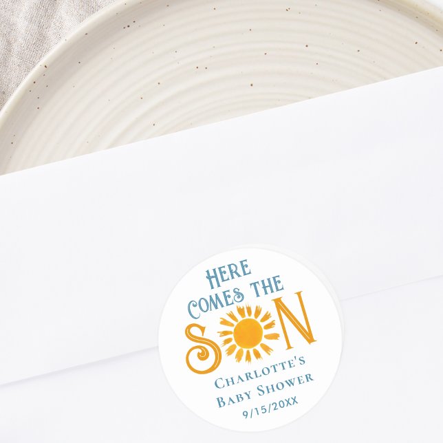 Here Come The Son Baby Shower  Classic Round Sticker (Creator Uploaded)