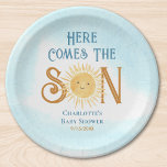 Here Come The Son Baby Shower  Paper Plate<br><div class="desc">These cute boy's baby shower paper plates feature the text "Here Comes The Son" in stylish blue and brown typography with a smiling yellow watercolor sun and blue sky.
Easily customizable.
Original Watercolor © Michele Davies.</div>