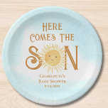 Here Come The Son Boy's Baby Shower  Paper Plate<br><div class="desc">These cute boy's baby shower paper plates feature the text "Here Comes The Son" in stylish typography with a smiling yellow watercolor sun and blue sky.
Easily customizable.
Because we create our artwork you won't find this exact image from other designers.
Original Watercolor © Michele Davies.</div>