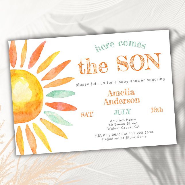 Here Come The Son Sunny Watercolor Baby Shower Invitation (Creator Uploaded)