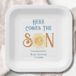 Here Come The Son Sunshine Baby Shower  Paper Plate<br><div class="desc">These baby shower paper plates feature the text "Here Comes The Son" in stylish blue typography with a cute yellow watercolor sun.
Easily customizable.
Original Watercolor © Michele Davies.</div>
