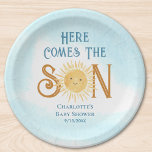 Here Come The Son Sunshine Baby Shower  Paper Plate<br><div class="desc">These cute boy's baby shower paper plates feature the text "Here Comes The Son" in retro typography with a smiling yellow watercolor sun and blue sky.
Easily customizable.
Because we create our artwork you won't find this exact image from other designers.
Original Watercolor © Michele Davies.</div>