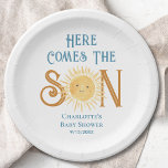 Here Come The Son Sunshine Baby Shower  Paper Plate<br><div class="desc">These baby shower paper plates feature the text "Here Comes The Son" in blue retro typography with a cute yellow watercolor sun.
Easily customizable.
Because we create our artwork you won't find this exact image from other designers.
Original Watercolor © Michele Davies.</div>