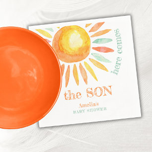 Here Come The Son Watercolor Sun Baby Shower  Napkin