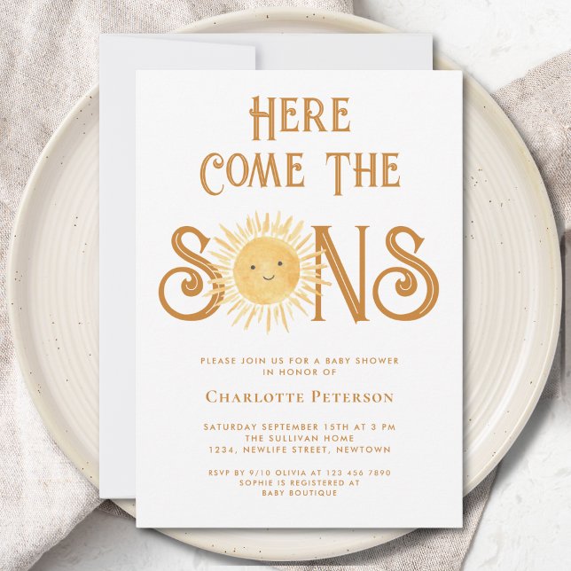 Here Come The Sons Twin Boys Baby Shower  Invitation (Creator Uploaded)