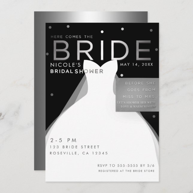 Here comes BRIDE Black Silver White Bridal Shower Invitation (Front/Back)