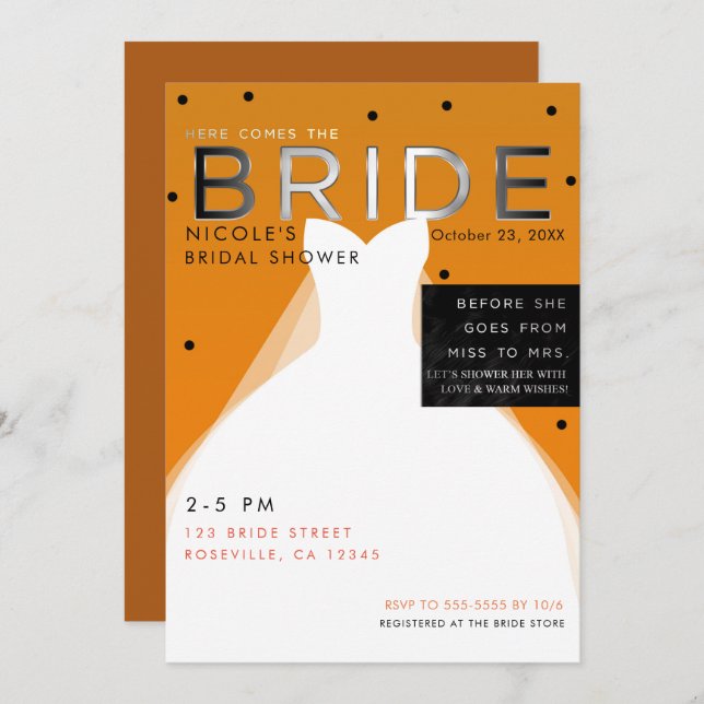 Here comes BRIDE Halloween Orange Bridal Shower Invitation (Front/Back)