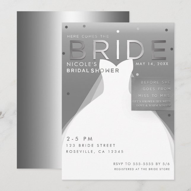Here comes BRIDE Silver & White Chic Bridal Shower Invitation (Front/Back)