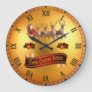 Here Comes Santa And His Reindeers ~  Large Clock