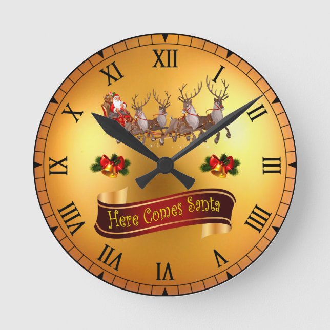 Here Comes Santa And His Reindeers ~  Round Clock (Front)