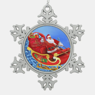 HERE COMES SANTA CLAUS SNOWFLAKE PEWTER CHRISTMAS ORNAMENT