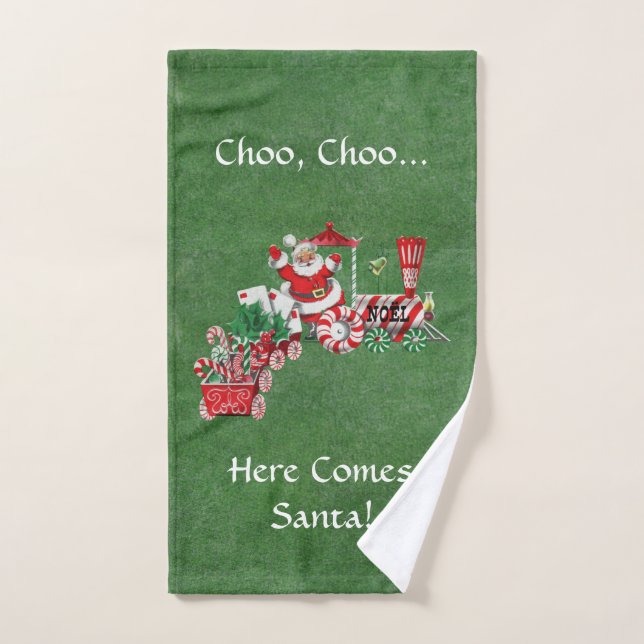 Here comes Santa on Candy Train Green Hand Towel (Hand Towel)