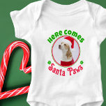 Here Comes Santa Paws Christmas Dog Photo Red Gree Baby Bodysuit<br><div class="desc">Dress your baby for the holidays in this cute Christmas baby bodysuit personalized with a photo of baby's dog sister or dog brothere. Santa Paws. "Here Comes Santa Paws" text can be customized. Great for holiday photos!!! Makes a thoughtful gift for any dog mom or dog dad with a new...</div>