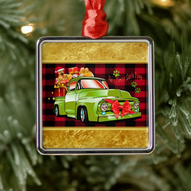 Here comes Santa paws dog Christmas parade truck Metal Ornament (Tree)
