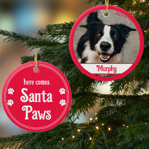 Here Comes Santa Paws Dog Photo Red Ornament