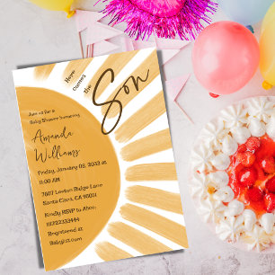 Here Comes Son Boho Yellow Sunshine Baby Shower Invitation