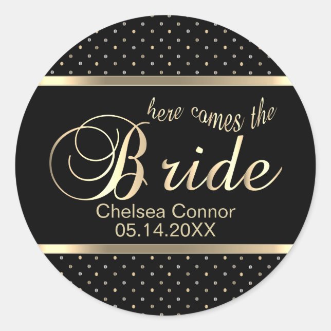 Here Comes The Bride - Black and Gold Classic Round Sticker (Front)
