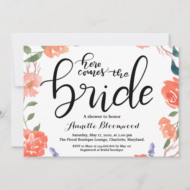 Here Comes The Bride Floral Bridal Shower Invitation (Front)