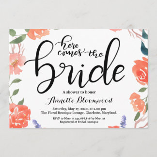 Here Comes The Bride Floral Bridal Shower Invitation