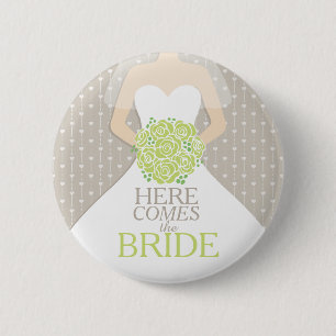 Here comes the bride green roses rehearsal wedding 2 inch round button