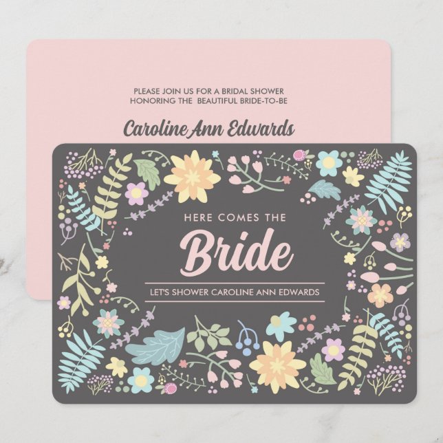 Here comes the Bride. Modern Floral Bridal Shower  Invitation (Front/Back)