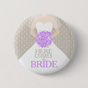 Here comes the bride rehearsal wedding pin button