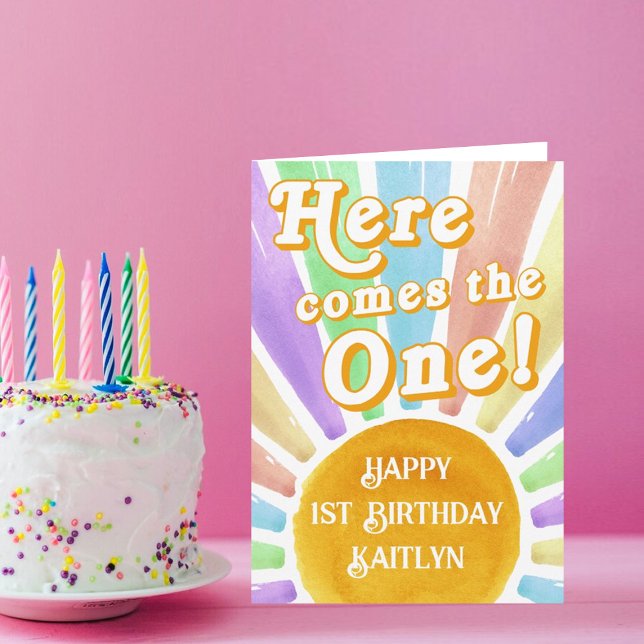 Here Comes The One! Retro Boho Sun 1st Birthday Card (Creator Uploaded)