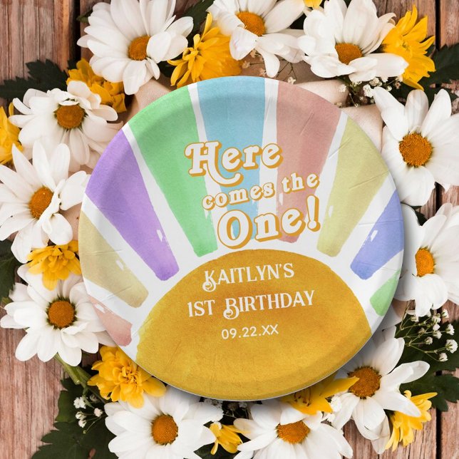 Here Comes The One! Retro Boho Sun 1st Birthday Paper Plate (Creator Uploaded)